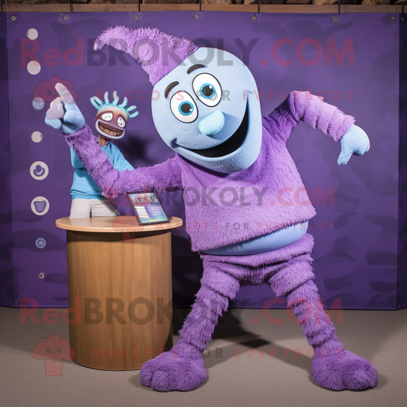 Lavender Contortionist mascot costume character dressed with a Polo Shirt and Cummerbunds Lavender Contortionist mascot costume character dressed with a Polo Shirt and Cummerbunds