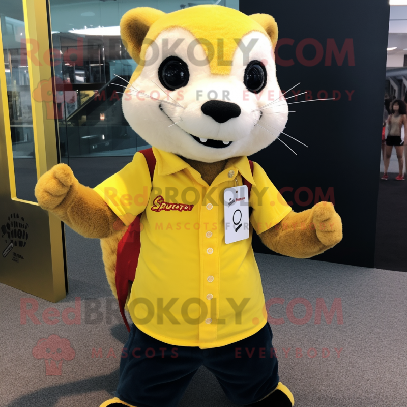 Yellow Ferret mascot costume character dressed with a T-Shirt and Lapel pins Yellow Ferret mascot costume character dressed with a T-Shirt and Lapel pins