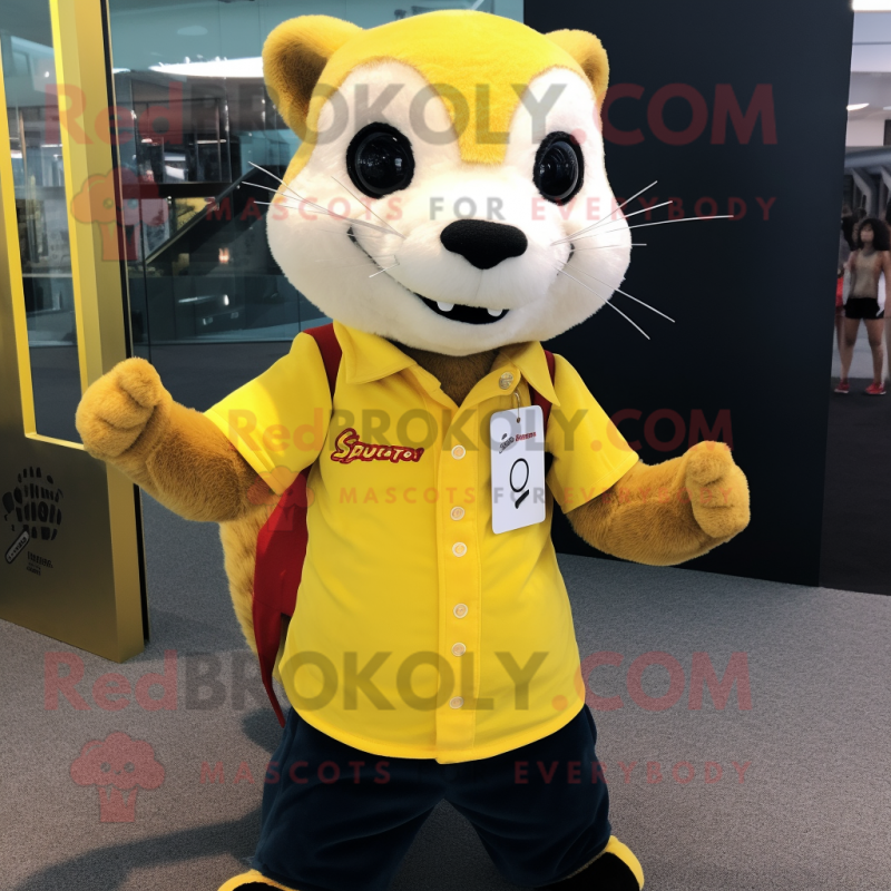 Yellow Ferret mascot costume character dressed with a T-Shirt and Lapel pins