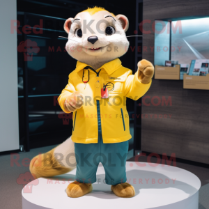 Yellow Ferret mascot costume character dressed with a T-Shirt and Lapel pins