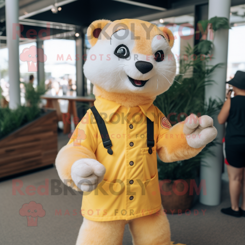 Yellow Ferret mascot costume character dressed with a T-Shirt and Lapel pins