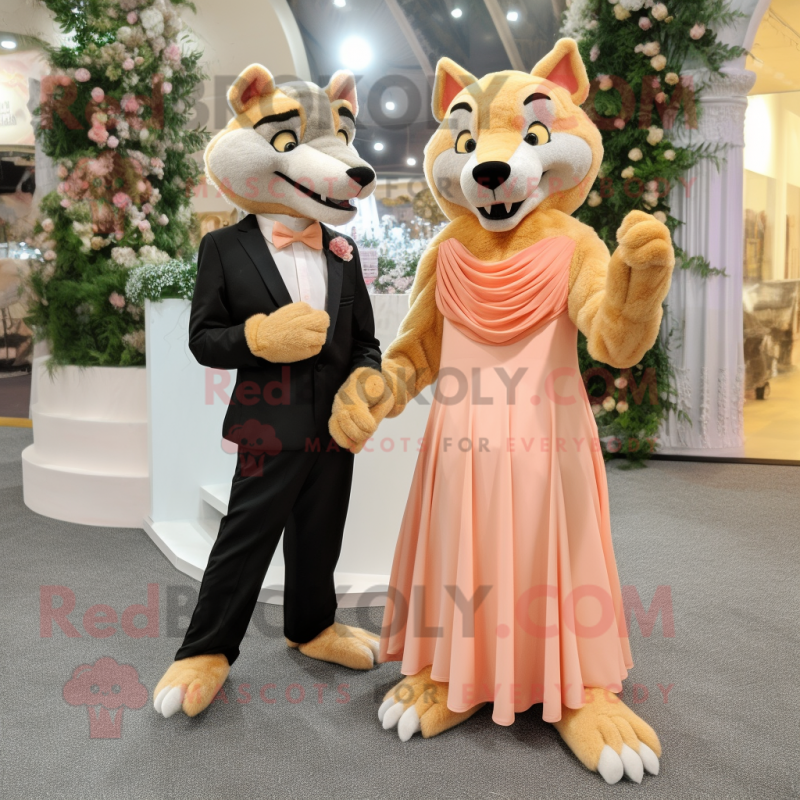 Peach Thylacosmilus mascot costume character dressed with a Evening Gown and Cufflinks Peach Thylacosmilus mascot costume character dressed with a Evening Gown and Cufflinks