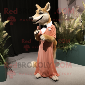Peach Thylacosmilus mascot costume character dressed with a Evening Gown and Cufflinks