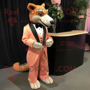 Peach Thylacosmilus mascot costume character dressed with a Evening Gown and Cufflinks