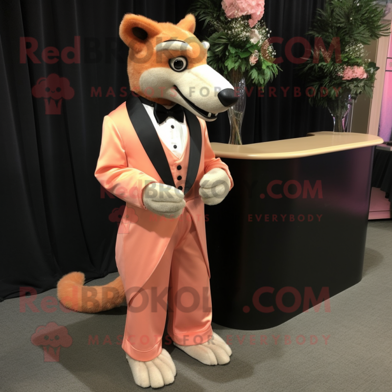 Peach Thylacosmilus mascot costume character dressed with a Evening Gown and Cufflinks Peach Thylacosmilus mascot costume character dressed with a Evening Gown and Cufflinks