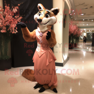 Peach Thylacosmilus mascot costume character dressed with a Evening Gown and Cufflinks