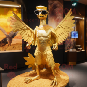 Gold Archeopteryx mascot costume character dressed with a Bikini and Suspenders
