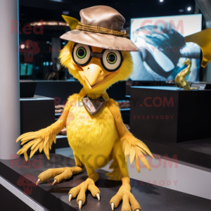Gold Archeopteryx mascot costume character dressed with a Bikini and Suspenders