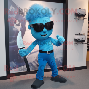 Cyan Knife Thrower mascot costume character dressed with a Jeggings and Sunglasses