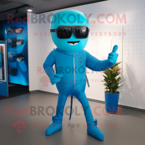 Cyan Knife Thrower mascot costume character dressed with a Jeggings and Sunglasses