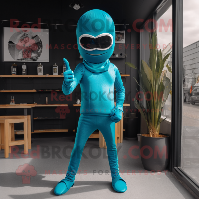 Cyan Knife Thrower mascot costume character dressed with a Jeggings and Sunglasses Cyan Knife Thrower mascot costume character dressed with a Jeggings and Sunglasses