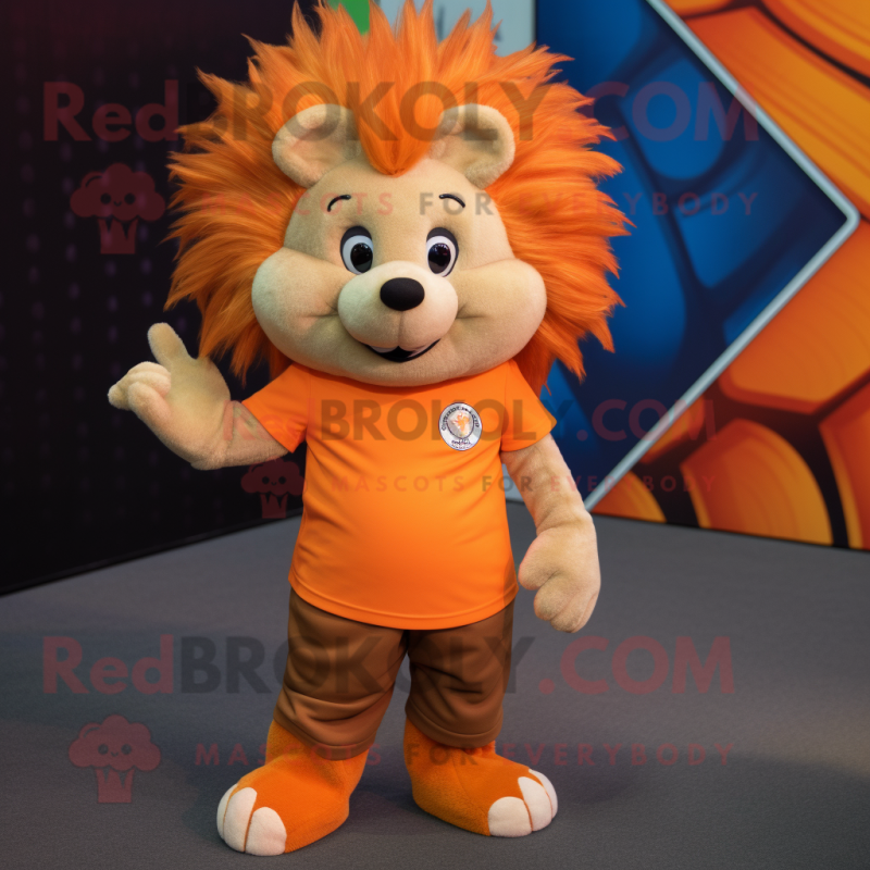 Orange Hedgehog mascot costume character dressed with a Polo Tee and Hair clips
