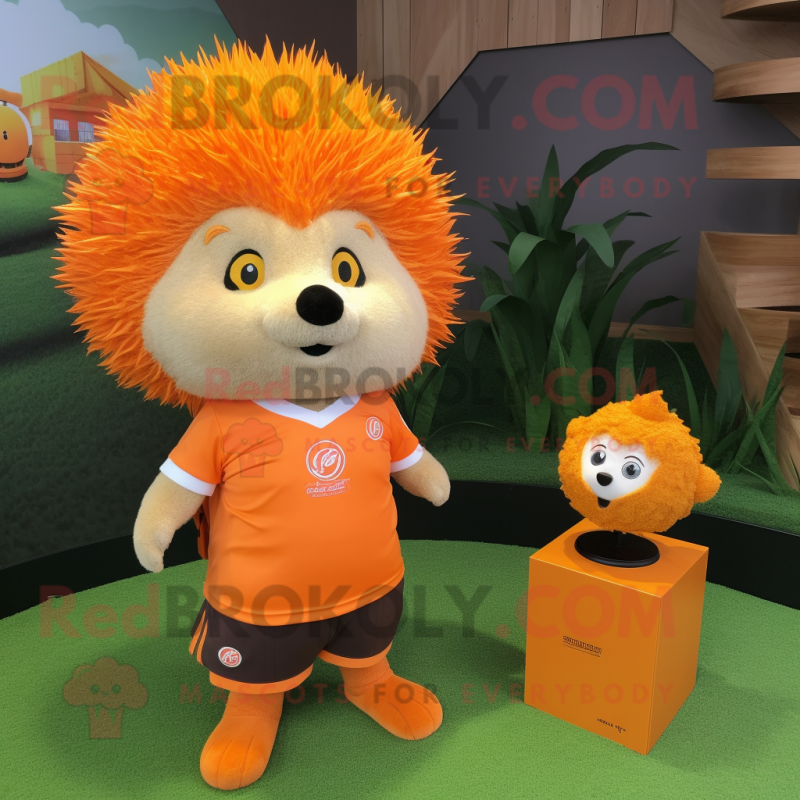 Orange Hedgehog mascot costume character dressed with a Polo Tee and Hair clips