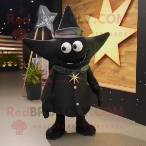 Black Starfish mascot costume character dressed with a Tuxedo and Shawl pins