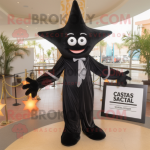 Black Starfish mascot costume character dressed with a Tuxedo and Shawl pins