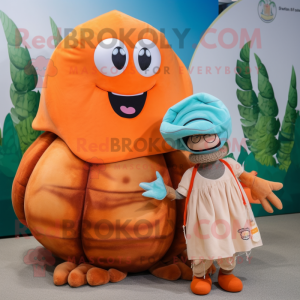Peach Hermit Crab mascot costume character dressed with a Maxi Dress and Beanies