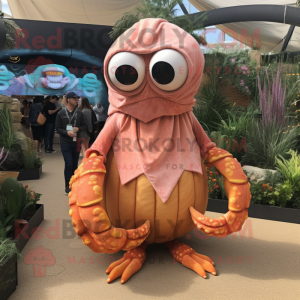 Peach Hermit Crab mascot costume character dressed with a Maxi Dress and Beanies