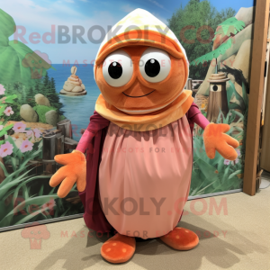 Peach Hermit Crab mascot costume character dressed with a Maxi Dress and Beanies