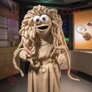 Beige Medusa mascot costume character dressed with a Jumpsuit and Necklaces