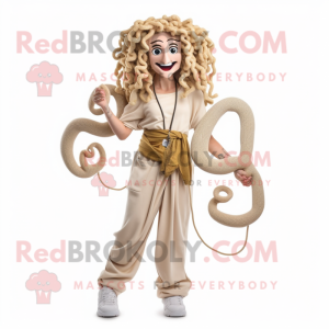 Beige Medusa mascot costume character dressed with a Jumpsuit and Necklaces