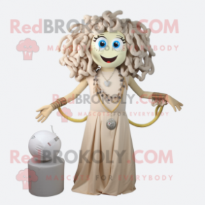 Beige Medusa mascot costume character dressed with a Jumpsuit and Necklaces