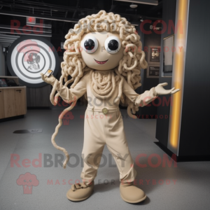 Beige Medusa mascot costume character dressed with a Jumpsuit and Necklaces
