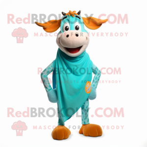 Turquoise Guernsey Cow mascot costume character dressed with a Running Shorts and Scarves