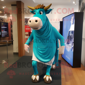 Turquoise Guernsey Cow mascot costume character dressed with a Running Shorts and Scarves