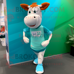 Turquoise Guernsey Cow mascot costume character dressed with a Running Shorts and Scarves