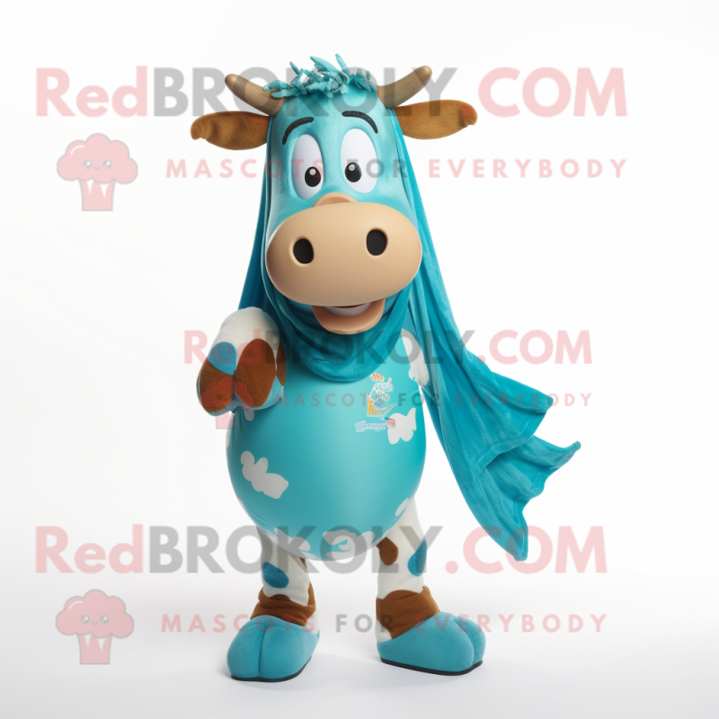 Turquoise Guernsey Cow mascot costume character dressed with a Running Shorts and Scarves