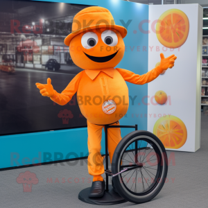Orange Unicyclist mascot costume character dressed with a Suit and Caps