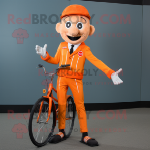 Orange Unicyclist mascot costume character dressed with a Suit and Caps