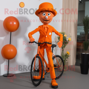 Orange Unicyclist mascot costume character dressed with a Suit and Caps