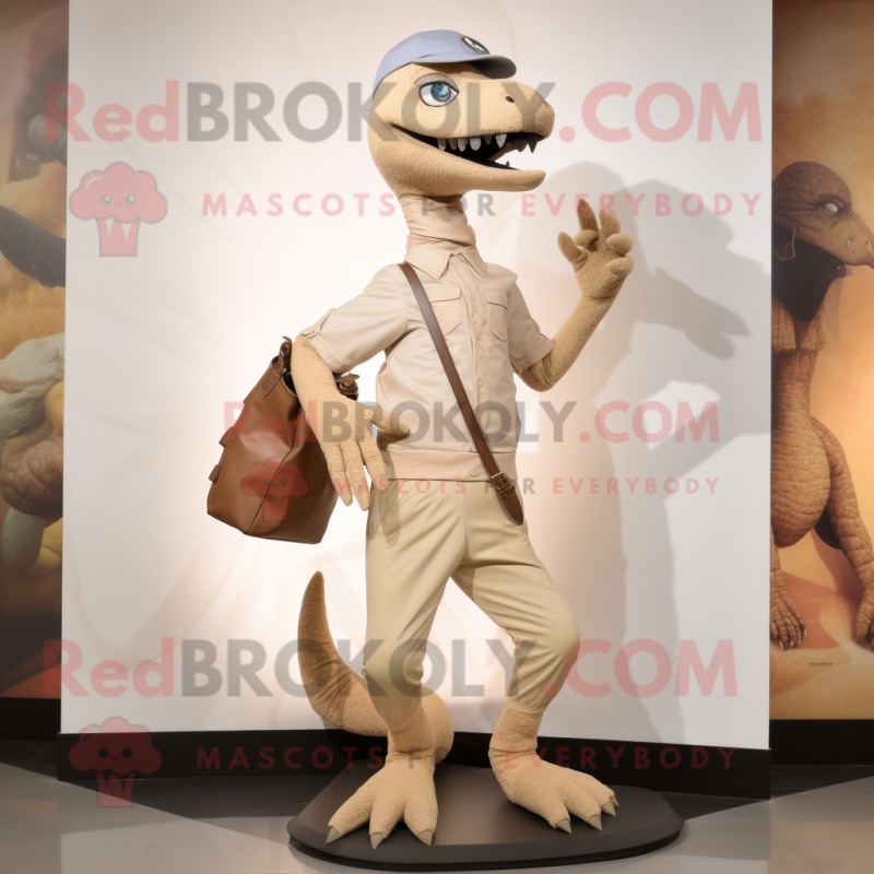 Beige Velociraptor mascot costume character dressed with a Leggings and Handbags