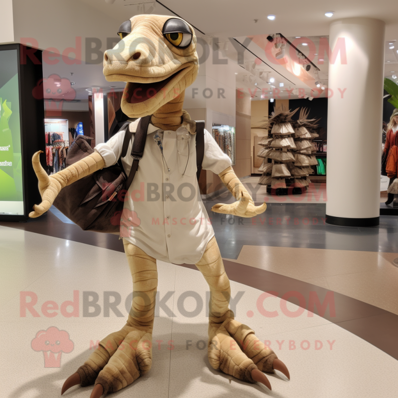 Beige Velociraptor mascot costume character dressed with a Leggings and Handbags Beige Velociraptor mascot costume character dressed with a Leggings and Handbags