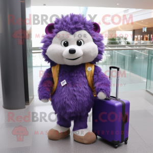 Purple Hedgehog mascot costume character dressed with a Jumpsuit and Briefcases