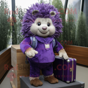 Purple Hedgehog mascot costume character dressed with a Jumpsuit and Briefcases