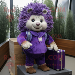 Purple Hedgehog mascot costume character dressed with a Jumpsuit and Briefcases