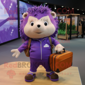 Purple Hedgehog mascot costume character dressed with a Jumpsuit and Briefcases