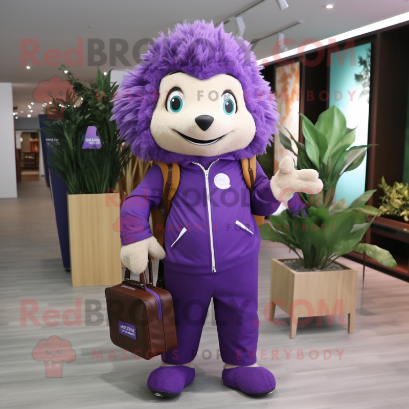 Purple Hedgehog mascot costume character dressed with a Jumpsuit and Briefcases Purple Hedgehog mascot costume character dressed with a Jumpsuit and Briefcases