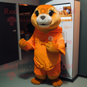 Orange Otter mascot costume character dressed with a Graphic Tee and Wraps