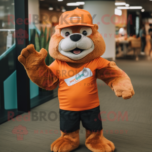 Orange Otter mascot costume character dressed with a Graphic Tee and Wraps