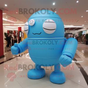 Sky Blue Human Cannon Ball mascot costume character dressed with a Long Sleeve Tee and Belts