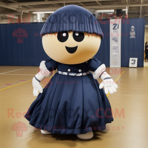 Navy Human Cannon Ball mascot costume character dressed with a Pleated Skirt and Shoe laces