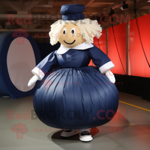 Navy Human Cannon Ball mascot costume character dressed with a Pleated Skirt and Shoe laces