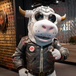 Gray Hereford Cow mascot costume character dressed with a Moto Jacket and Hairpins