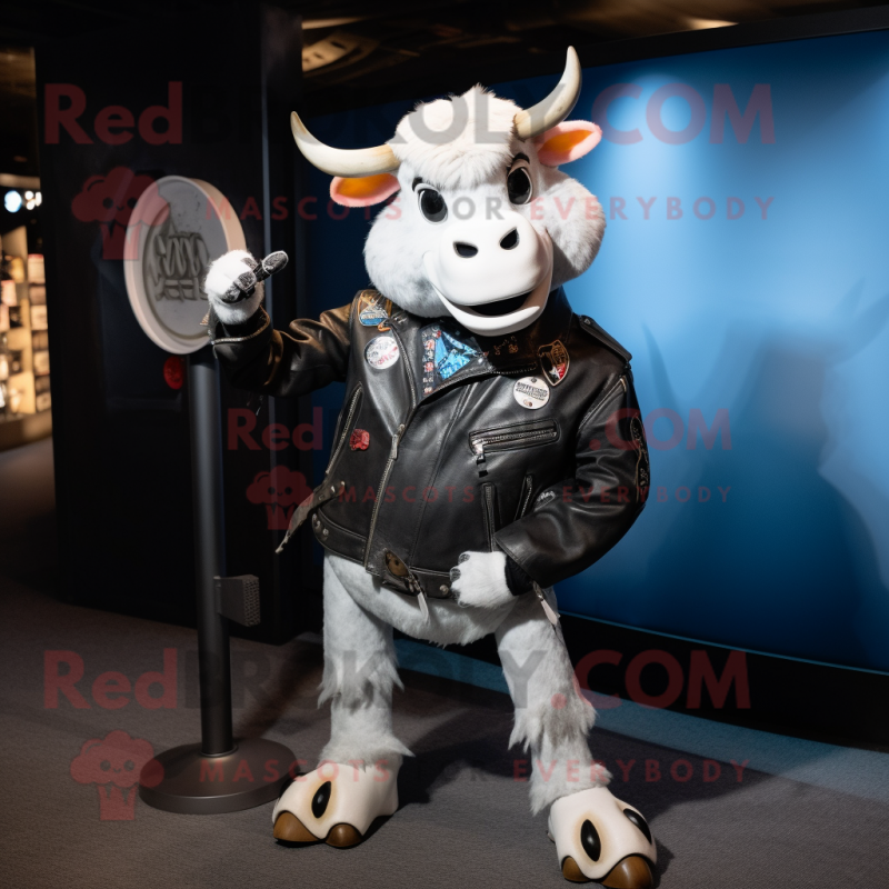 Gray Hereford Cow mascot costume character dressed with a Moto Jacket and Hairpins Gray Hereford Cow mascot costume character dressed with a Moto Jacket and Hairpins
