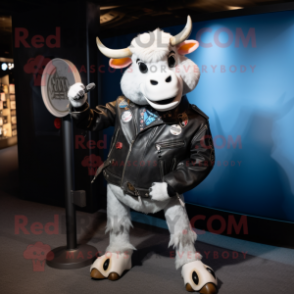 Gray Hereford Cow mascot costume character dressed with a Moto Jacket and Hairpins
