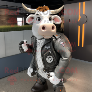Gray Hereford Cow mascot costume character dressed with a Moto Jacket and Hairpins