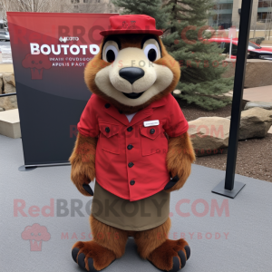 Red Marmot mascot costume character dressed with a Dress Shirt and Scarves